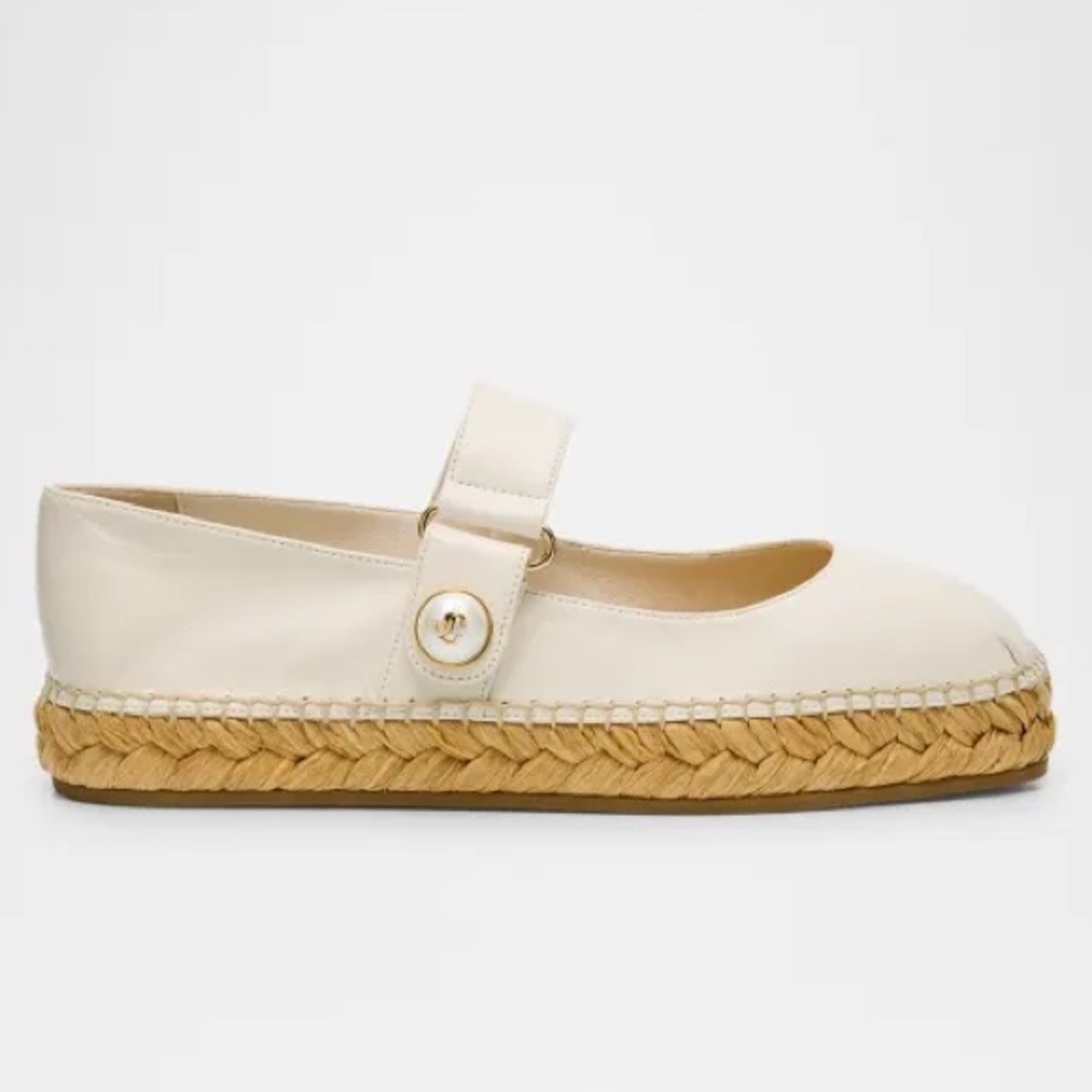 Jimmy Choo Fayence Pearl White Leather Mary Jane Ballerina Espadrilles EUC Sz 38
